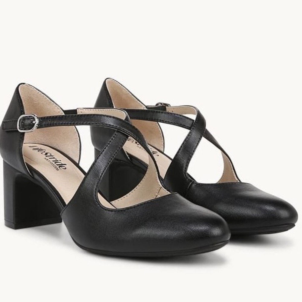LifeStride Tracy Sz 10 W Black Faux Leather Strappy Block Heel Pump Wide NEW